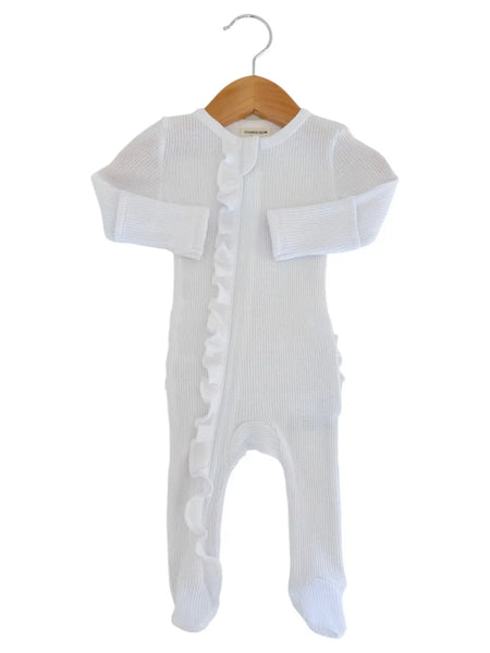 Waffle Zip Ruffle Footie Romper | Lucent White - PREORDER