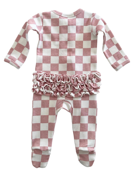 Zip Ruffle Footie Romper | Strawberry Shortcake Checkerboard - PREORDER