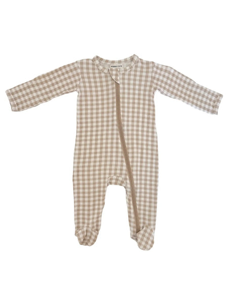 Zip Footie Romper | Tan Gingham - PREORDER
