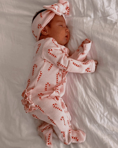 Waffle Zip Ruffle Footie Romper | Pink Candy Cane - PREORDER