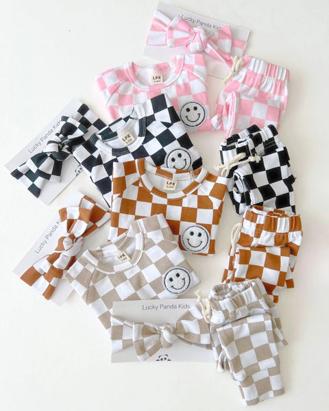 Checkered Smiley Top & Pants Set | Black - PREORDER