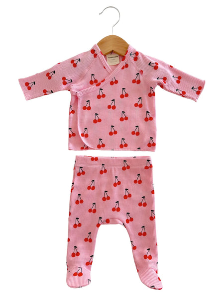 Waffle Kimono & Pant Set | Pink Cherries - PREORDE