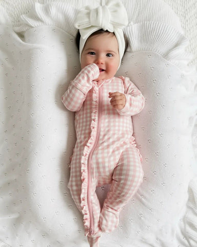 Zip Ruffle Footie Romper | Pink Gingham - PREORDER