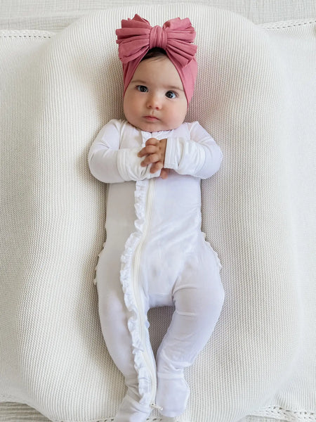 Zip Ruffle Footie Romper | White - PREORDER