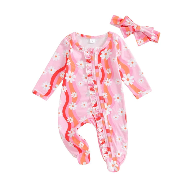 Groovy Daisies Ruffle Zipper Footie Rompers & Bows (3 Colors) - PREORDER