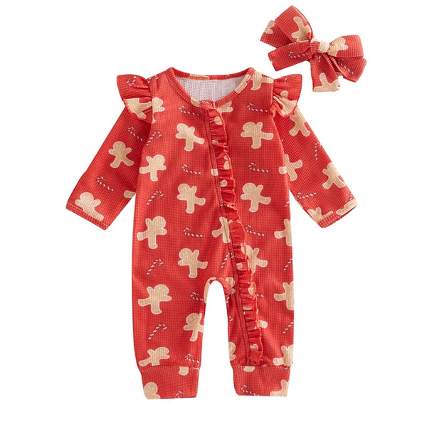 Gingerbreads & Candy Canes Waffle Zipper Rompers & Bows (3 Colors) - PREORDER