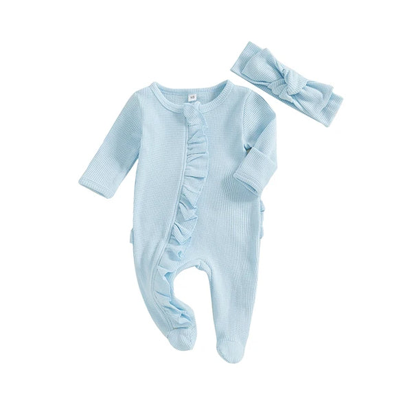 Solid Waffle Ruffle Footie Rompers & Bows (4 Colors) - PREORDER