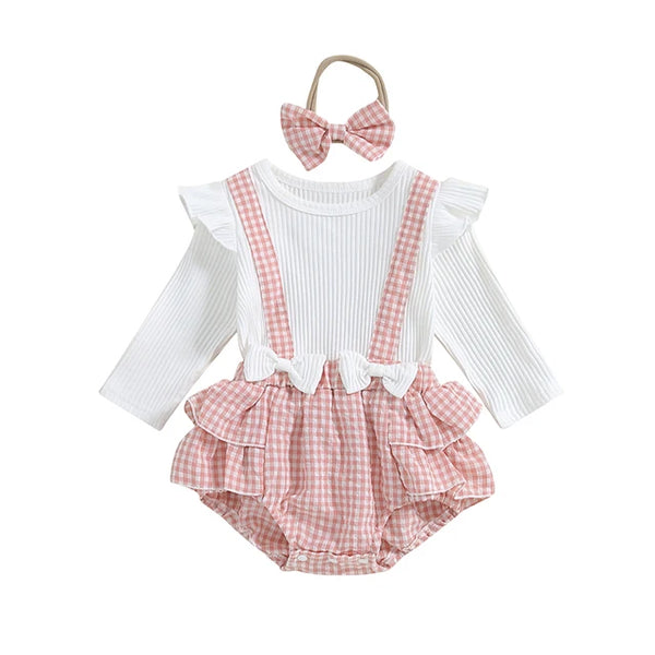 Solid Plaid Overall Ruffles Rompers & Bows (3 Colors) - PREORDER