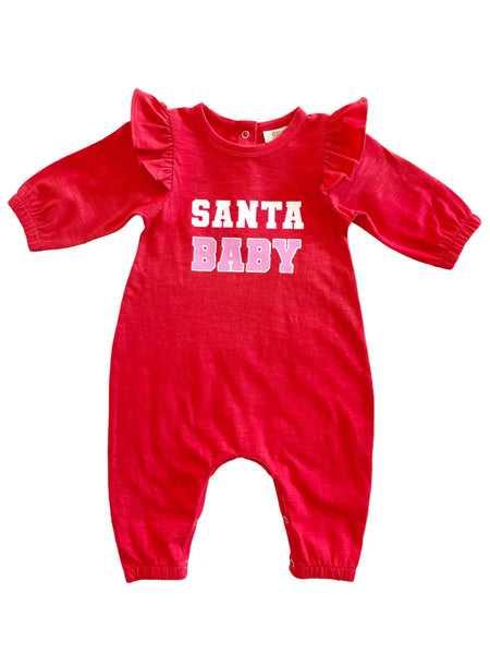 Long Sleeve Ruffle Jumpsuit | Red & Pink Santa Baby - PREORDER