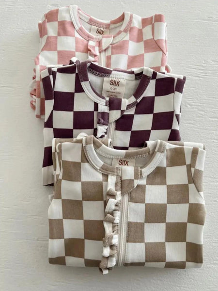 Zip Ruffle Footie Romper | Tiramisu Checkerboard - PREORDER