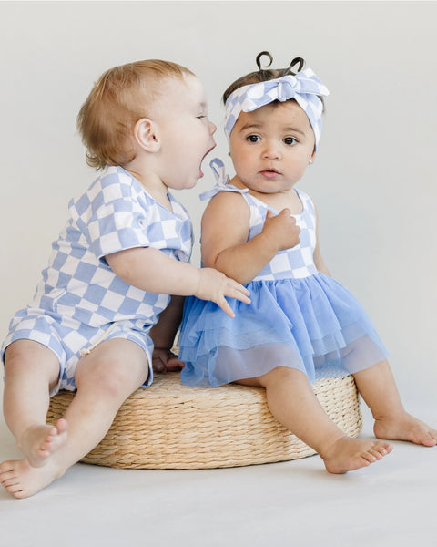 Checkered Tutu Romper | Blue - PREORDER