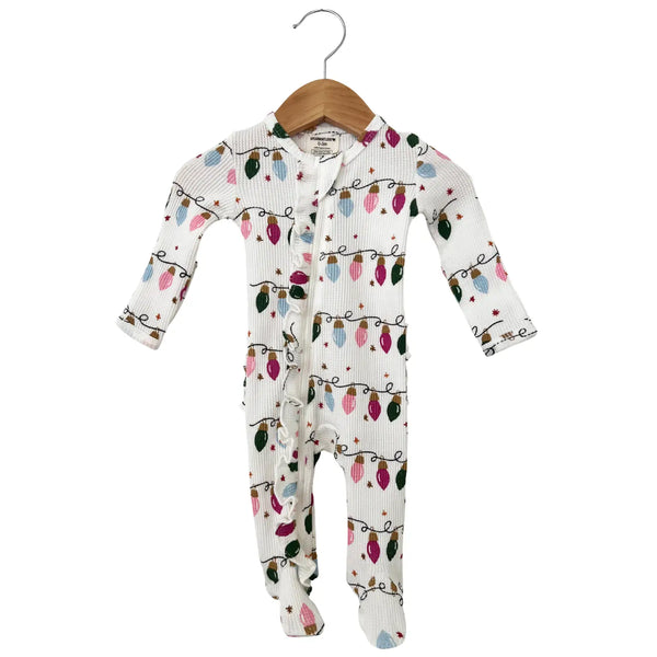 Waffle Zip Ruffle Footie Romper | Girly Christmas Lights - PREORDER