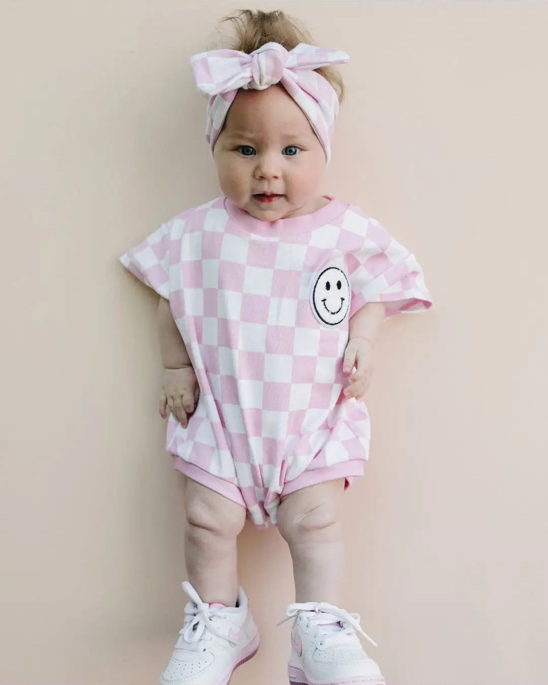 Checkered Smiley Short Sleeve Bubble Romper | Pink - PREORDER