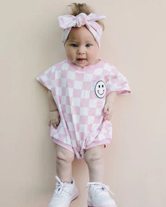 Checkered Smiley Short Sleeve Bubble Romper | Pink - PREORDER