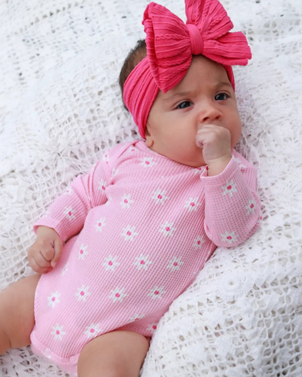 Waffle Long Sleeve Bodysuit | Pink Flower - PREORDER