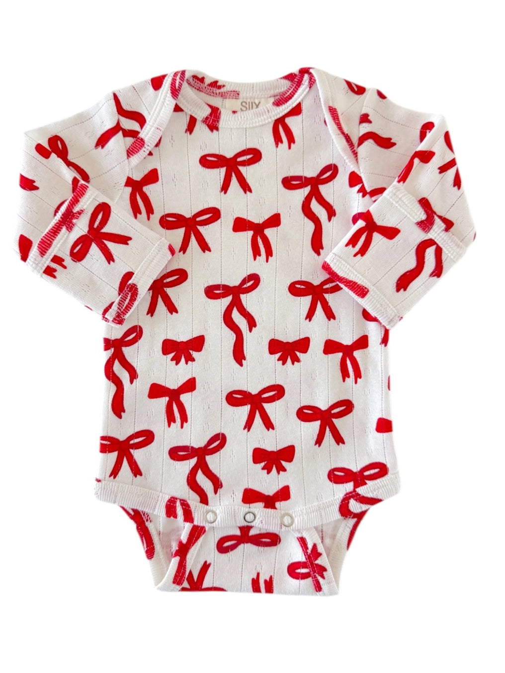 Organic Pointelle Long Sleeve Bodysuit | Red Bows - PREORDER