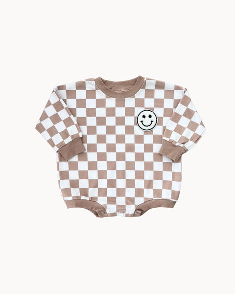 Checkered Smiley Long Sleeve Bubble Romper | Latte - PREORDER