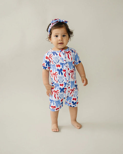 Bamboo Shorty Romper | Red-White & Bows - PREORDER