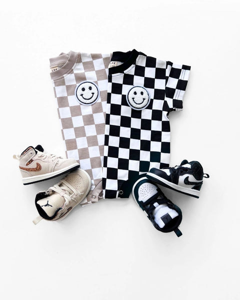 Checkered Smiley Short Sleeve Bubble Romper | Latte - PREORDER