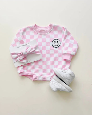 Checkered Smiley Long Sleeve Bubble Romper | Pink - PREORDER