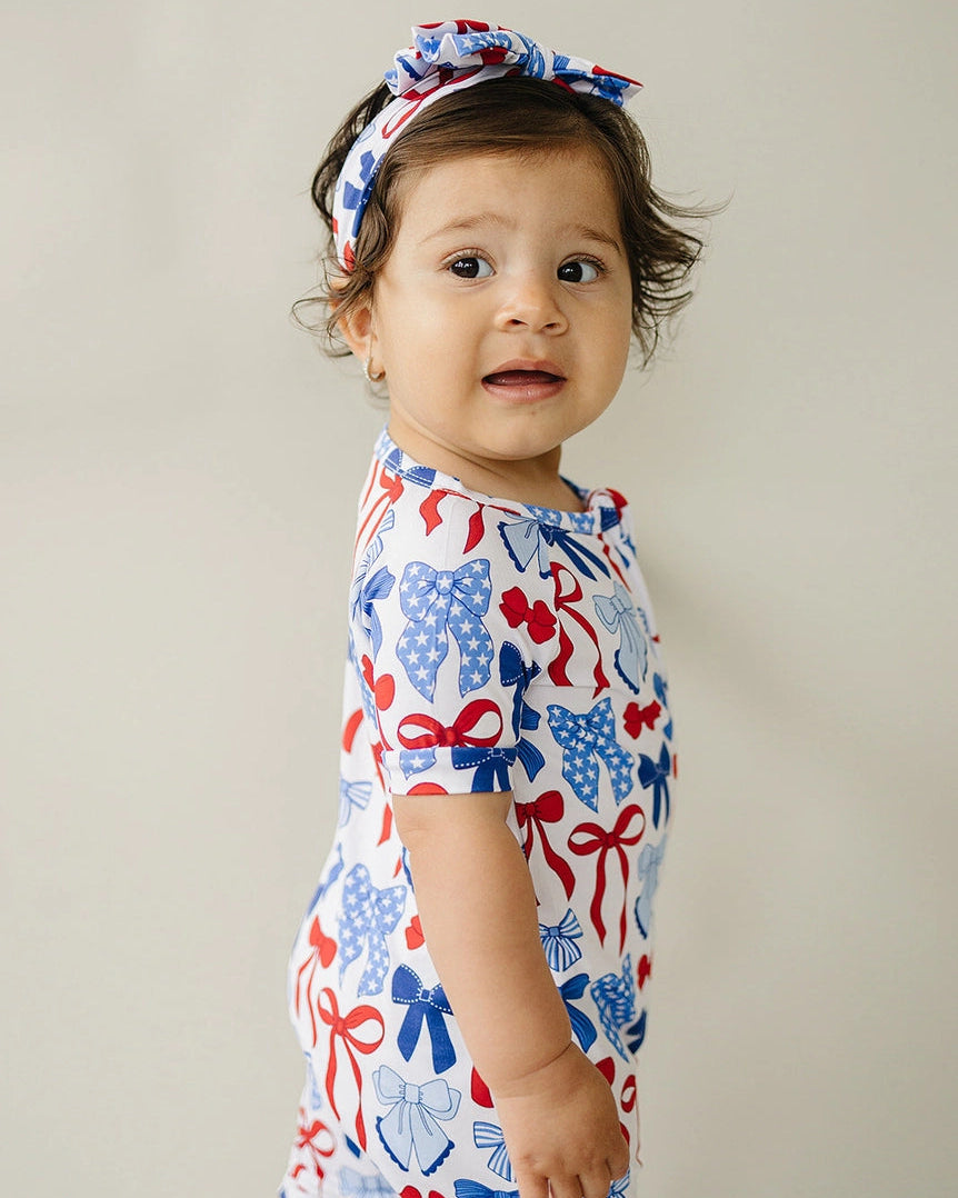 Bamboo Shorty Romper | Red-White & Bows - PREORDER
