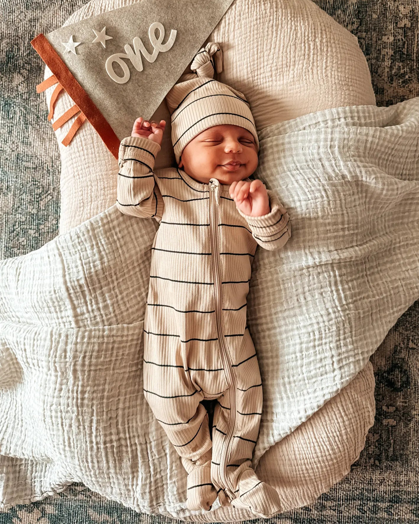 Ribbed Zip Footie Romper | Tan Stripes - PREORDER