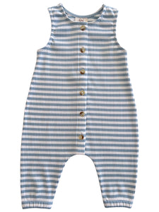 Ribbed Tank Button Pants Romper | Dusty Blue Stripes - PREORDER