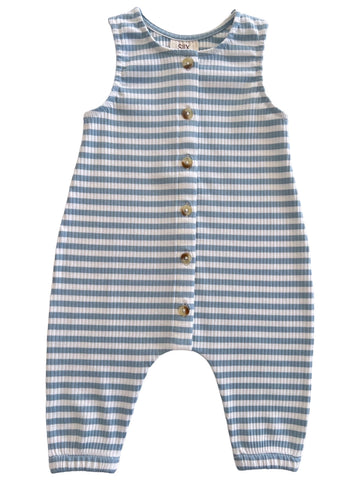 Ribbed Tank Button Pants Romper | Dusty Blue Stripes - PREORDER