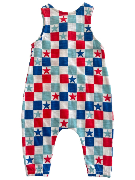 Tank Button Pants Romper | Pink USA Checkerboard & Stars - PREORDER