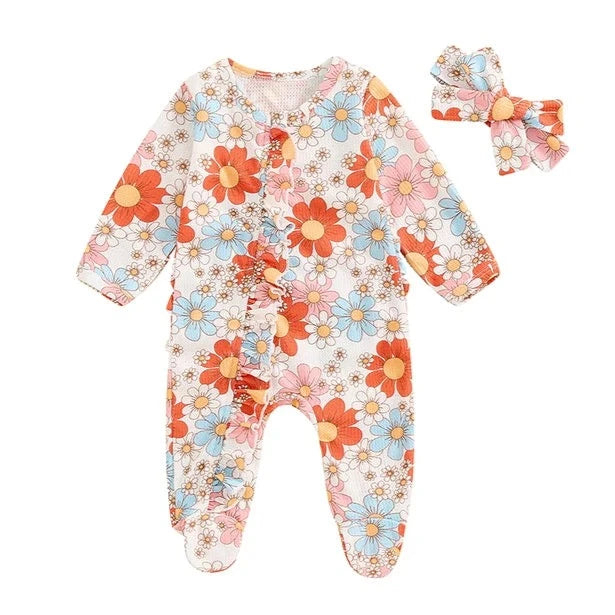 Colorful Daisies Waffle Romper & Bow - PREORDER