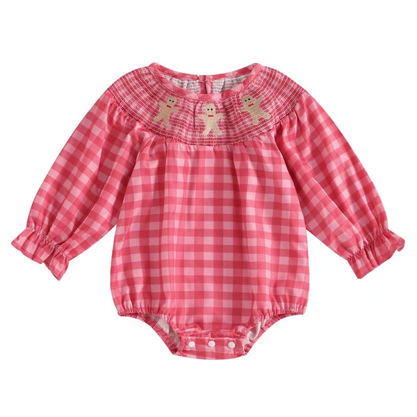 Plaid Smocked Santas & Gingerbreads Embroidered Romper - PREORDER