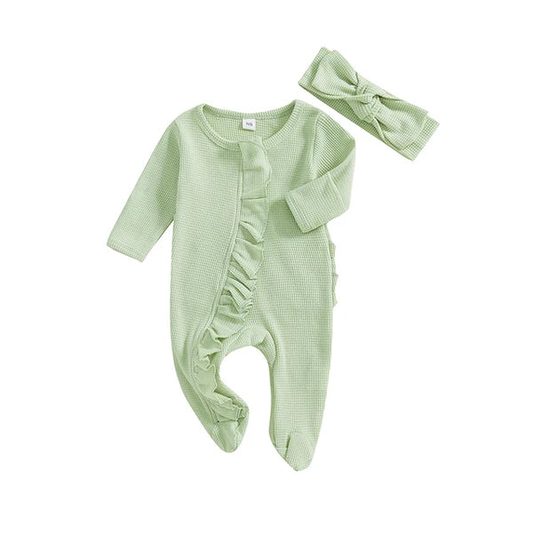 Solid Waffle Ruffle Zipper Footie Rompers & Bows (4 Colors) - PREORDER