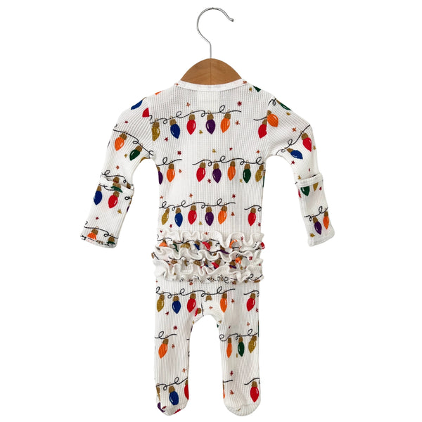 Waffle Zip Ruffle Footie Romper | Christmas Lights - PREORDER