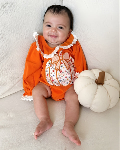 Embroidered Smocked Long Romper | Floral Pumpkin - PREORDER