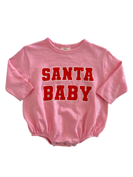 Long Sleeve Bubble Romper | Pink Santa Baby - PREORDER
