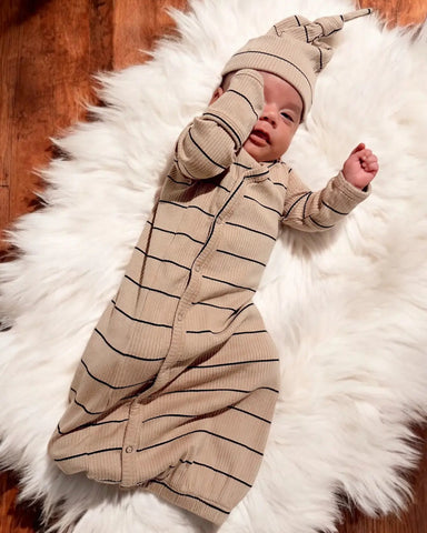 Organic Ribbed Gown | Tan Stripes - PREORDER