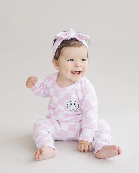 Checkered Smiley Top & Pants Set | Pink - PREORDER