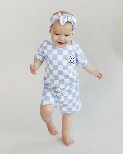 Checkered Smiley Top & Shorts Set | Blue - PREORDER