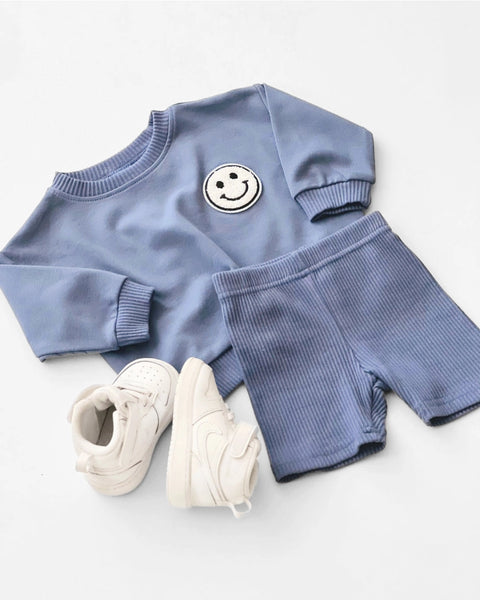 Smiley Top & Biker Shorts Set | Blue - PREORDER