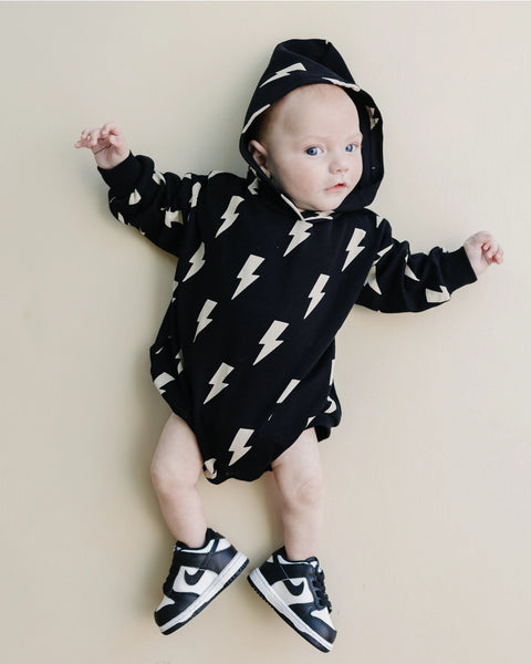 Hooded Bubble Romper | Black Bolts - PREORDER