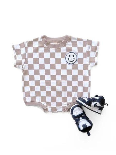 Checkered Smiley Short Sleeve Bubble Romper | Latte - PREORDER
