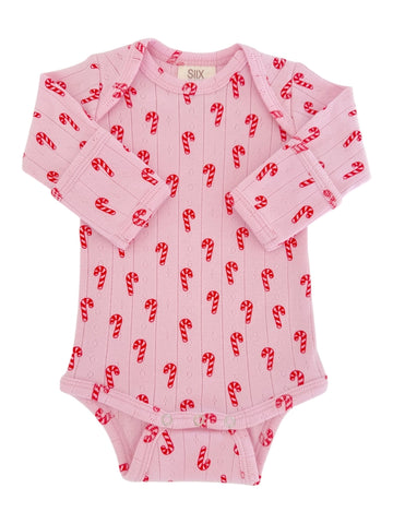 Organic Pointelle Long Sleeve Bodysuit | Pink Candy Cane - PREORDER