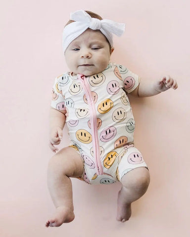 Smiley Bamboo Shorty Romper | Pink - PREORDER