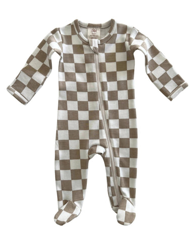 Zip Footie Romper | Tiramisu Checkerboard - PREORDER