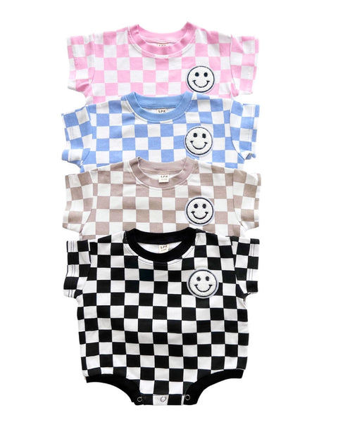 Checkered Smiley Short Sleeve Bubble Romper | Latte - PREORDER