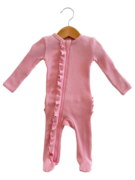 Waffle Zip Ruffle Footie Romper | Pink - PREORDER
