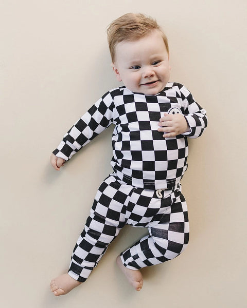 Checkered Smiley Top & Pants Set | Black - PREORDER