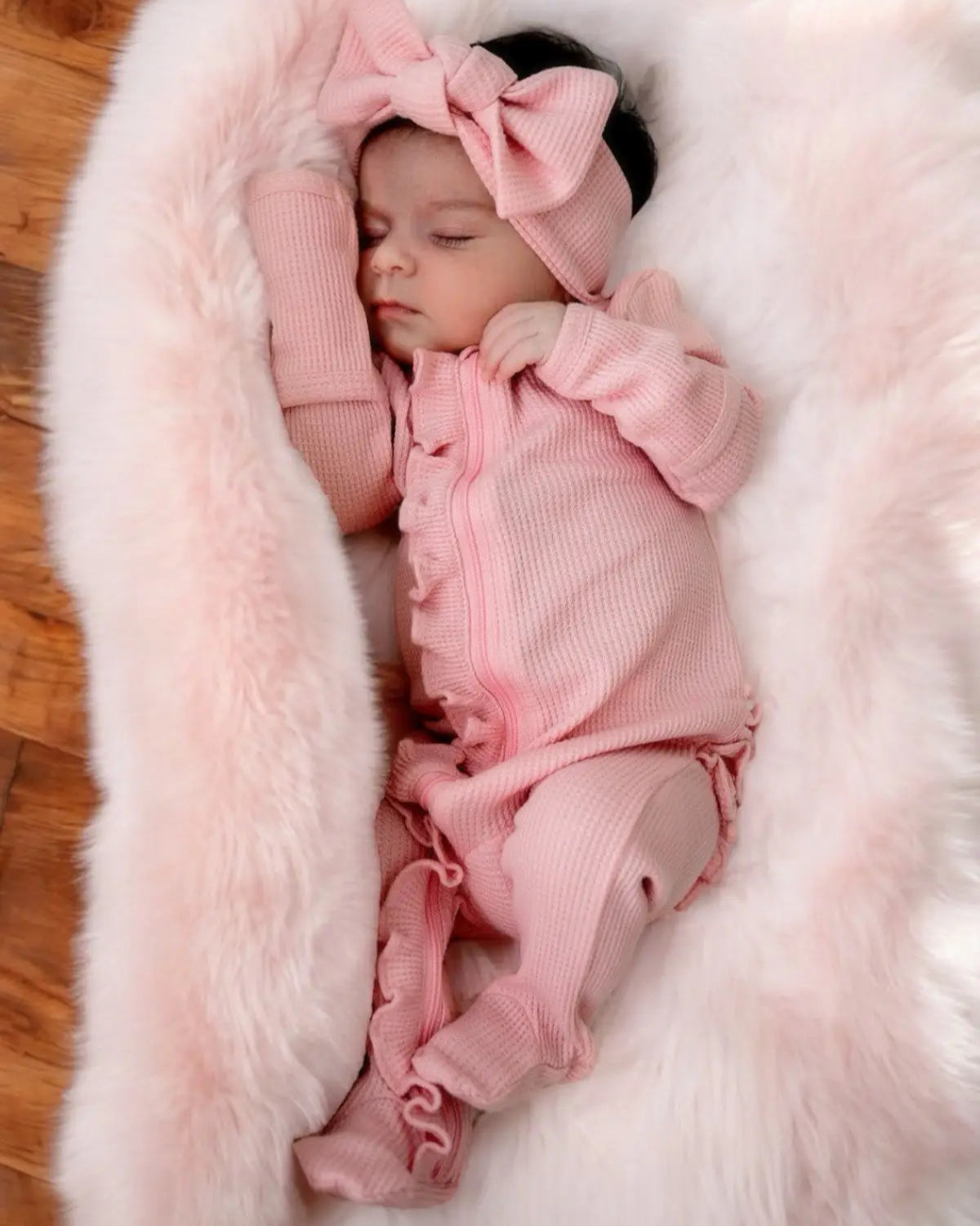 Waffle Zip Ruffle Footie Romper | Pink - PREORDER