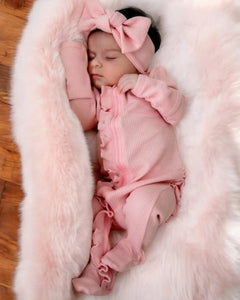 Waffle Zip Ruffle Footie Romper | Pink - PREORDER