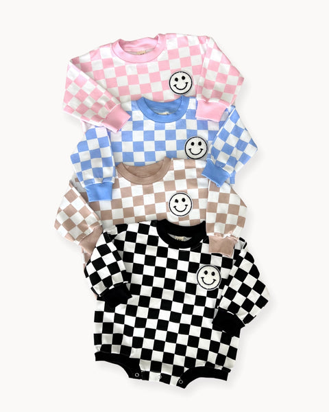 Checkered Smiley Long Sleeve Bubble Romper | Pink - PREORDER